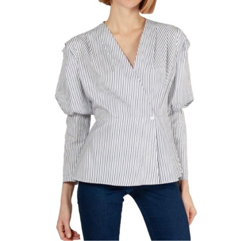 Harshman XS Marcela Stripe Puff-sleeve Peplum Wrap Blouse Navy NWT MSRP $192